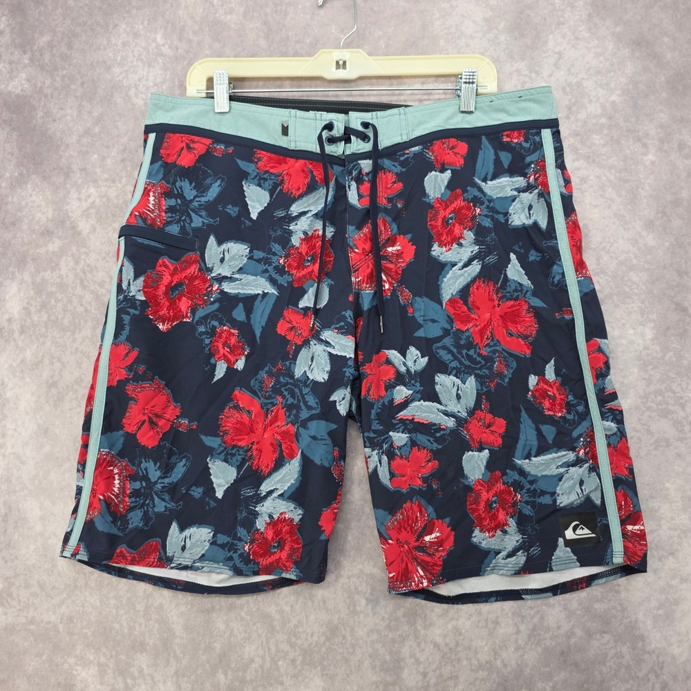 Quiksilver Board Shorts Swim Trunks Mens Size 36 Navy Blue Red Floral Hibiscus